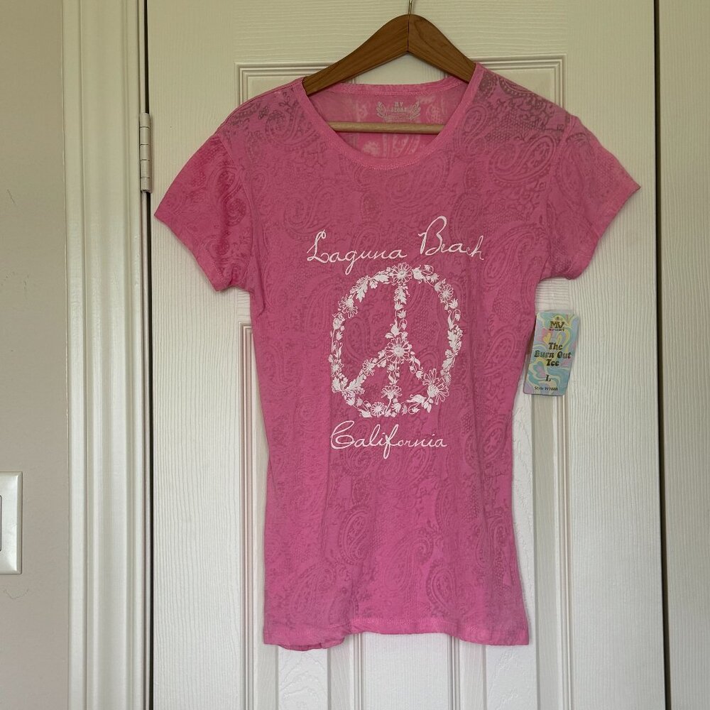 Candy Pink Burnout T-Shirt Peace Love Flowers Laguna Beach MV Sport Size L